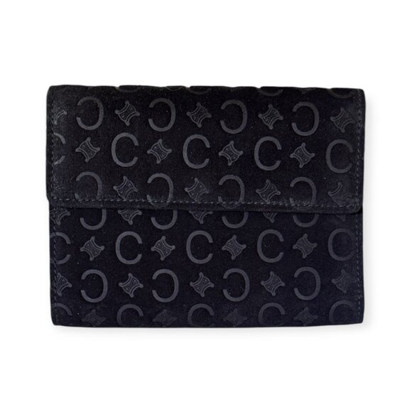 Vintage CELINE Triomphe Monogram Black Suede Wallet | Tan Leather - Picture 2 of 7